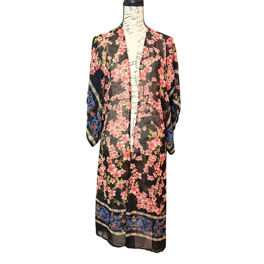 Audrey Black Floral Kimono Women One Size Sheer Chiffon Long Duster Cardigan
